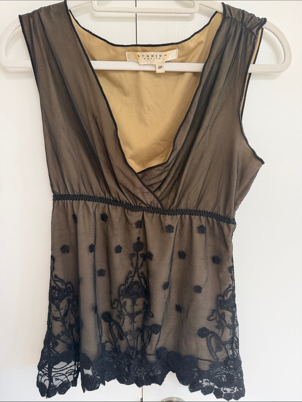 Studio M Tan Shell Top with Black Neck Trim